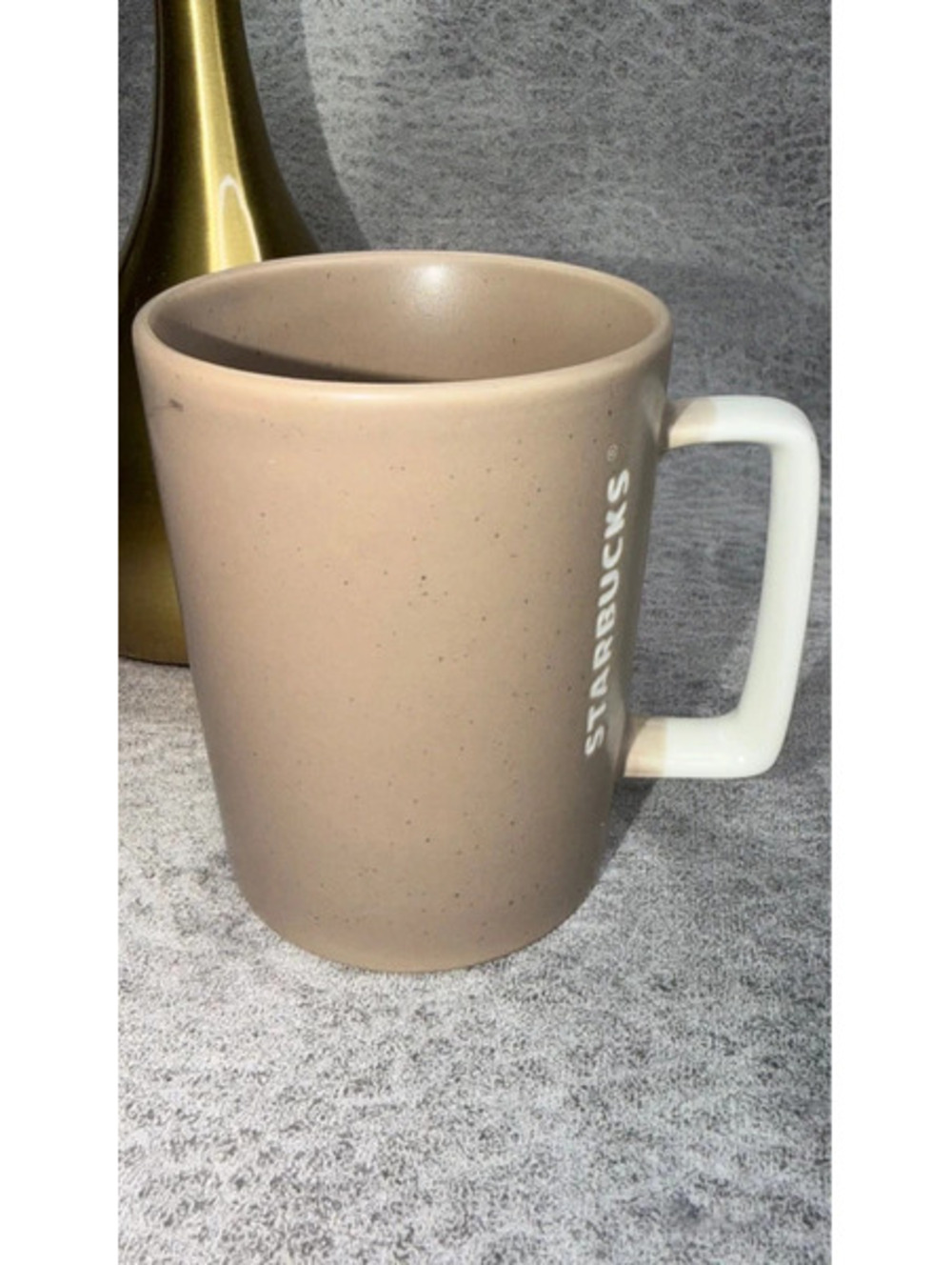 2010s Starbucks Taupe Speckled Ceramic Coffee Mug White Square Handle 12 Ounce